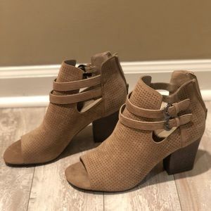 Tan open toed booties